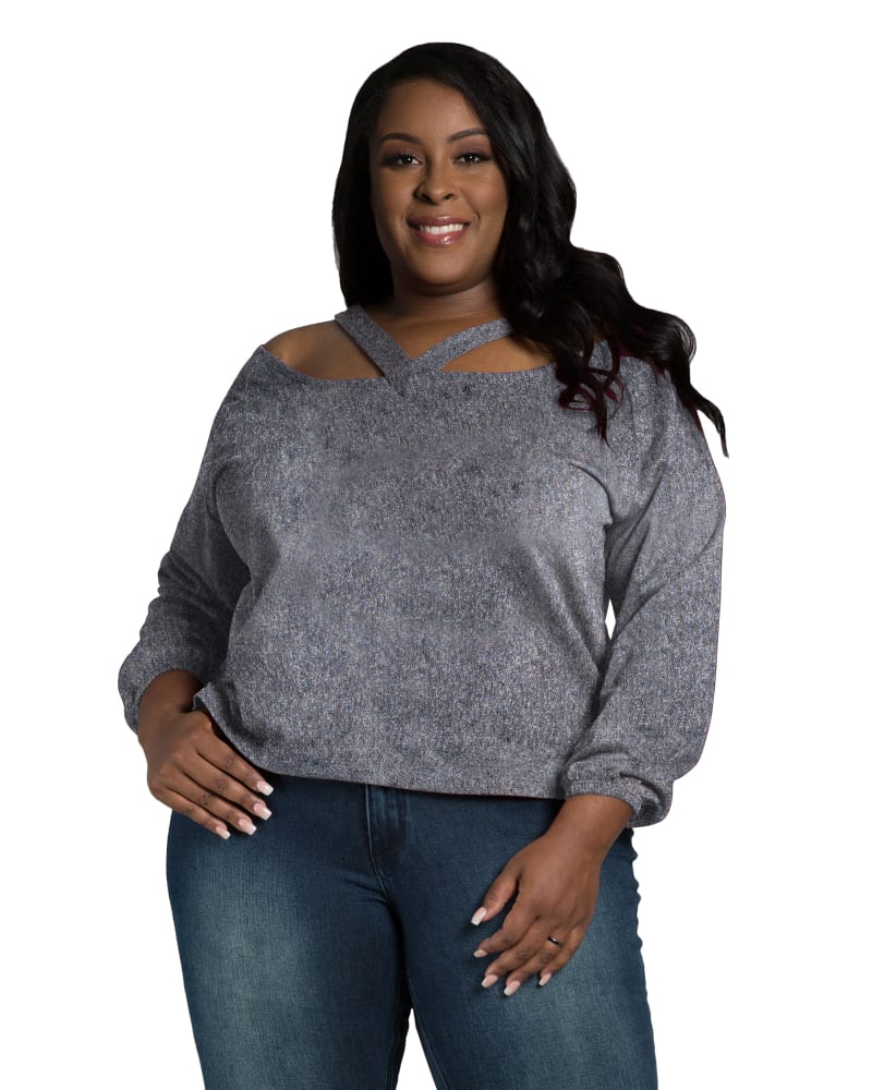 Front of a model wearing a size L Nina Off-The-Shoulder Top in Grey by Standards & Practices. | dia_product_style_image_id:280843